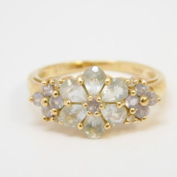 14K Yellow Gold Aquamarine Cluster Floral Ring Size 6 2.9g STS Jewelry, marked - Picture 3 of 3